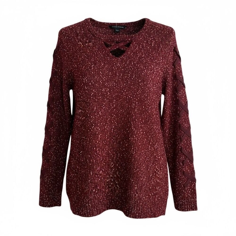 Rock & Republic Lace Up Sleeve‎ Cutout Marled Knit Sweater Viva Wine Size XS